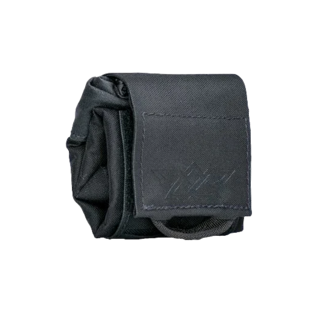 Black tactical pouch with visible branding on a white background