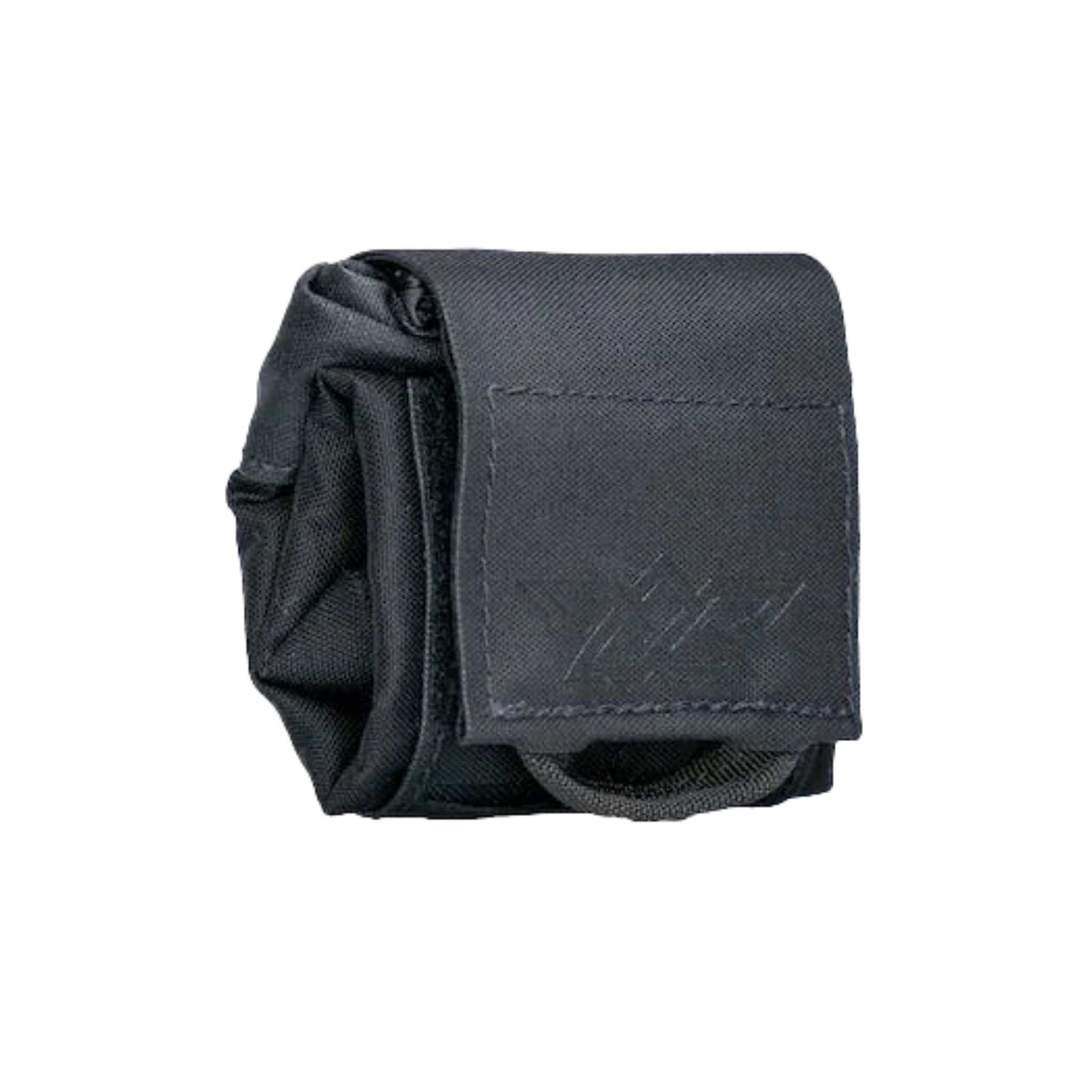 Black tactical pouch with visible branding on a white background
