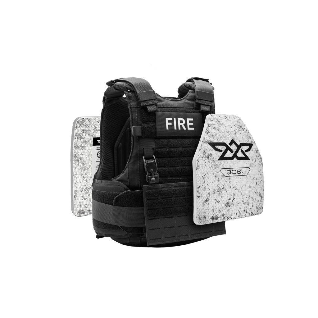 Black tactical vest with 'FIRE' and '308U' branding on a white background