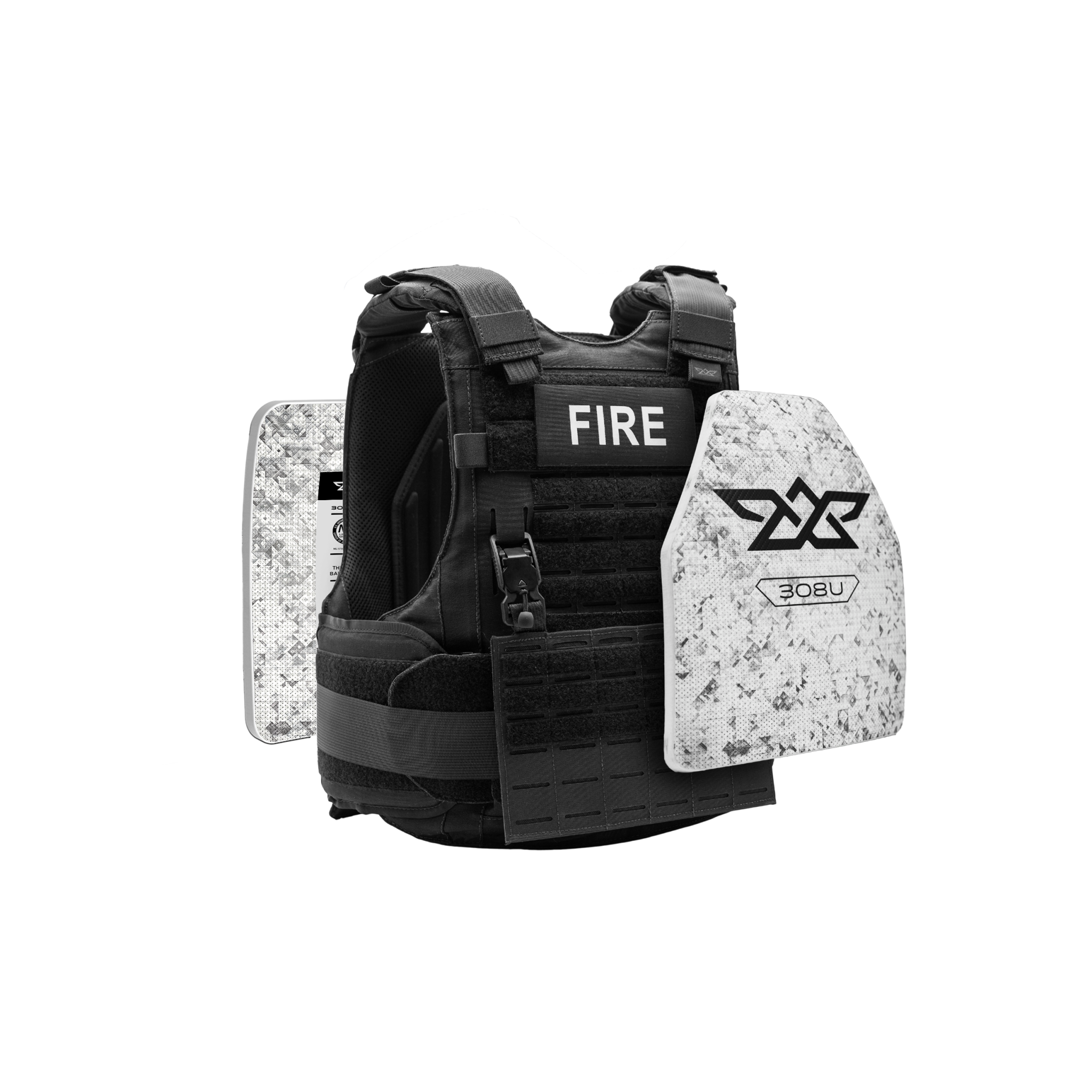 Black tactical vest with 'FIRE' and '308U' branding on a white background