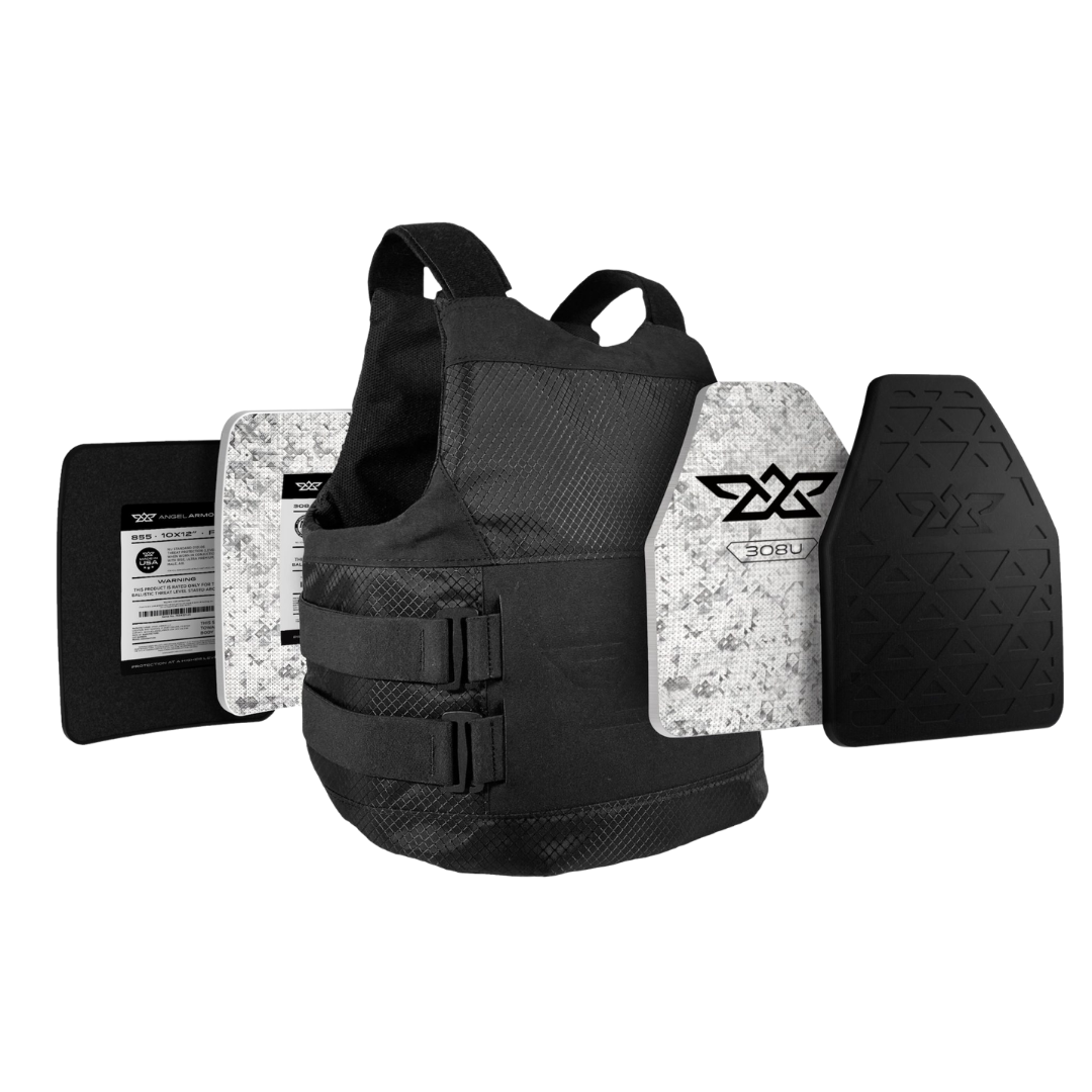 Black tactical vest with additional armor plates on a white background