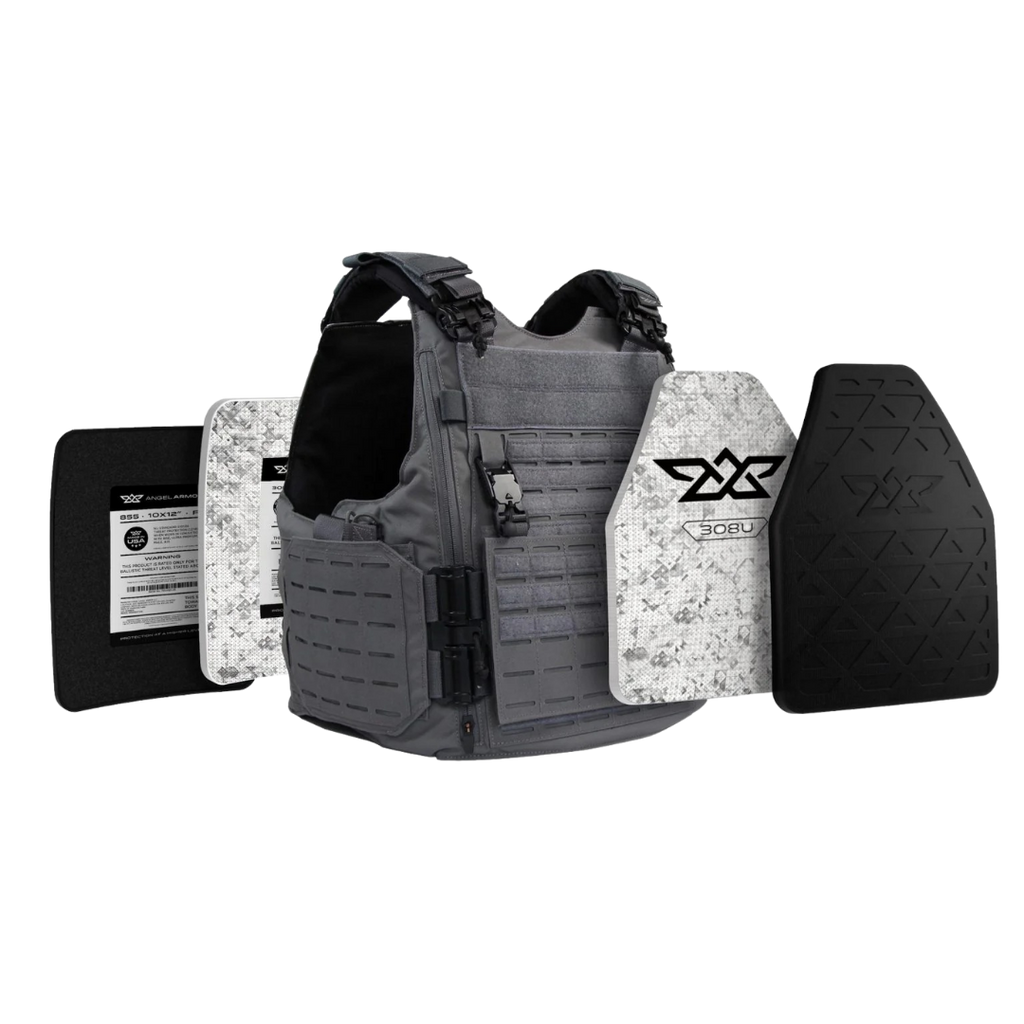 Tactical vest with multiple armor plates on a white background