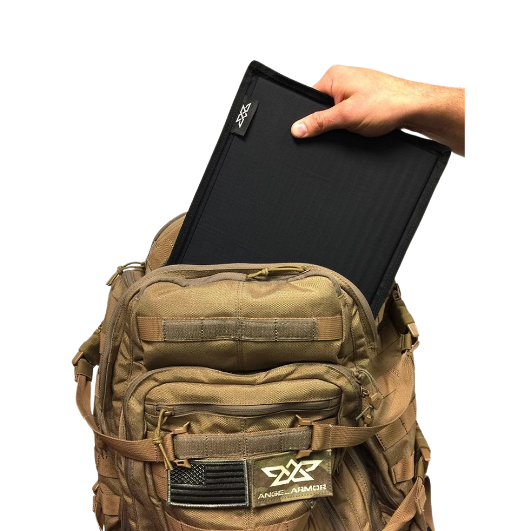 Tactical backpack with a person holding a black tablet case on a white background