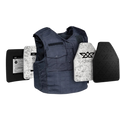 Navy tactical vest with three protective plates on a white background