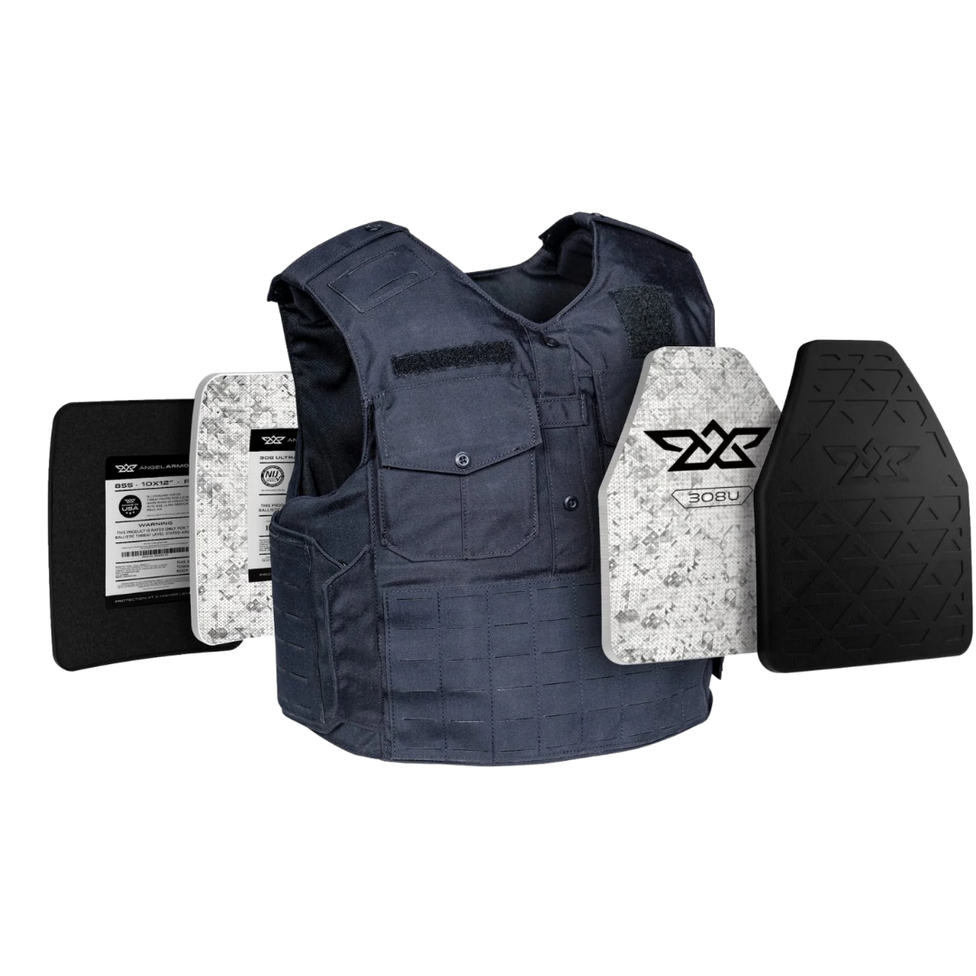 Navy tactical vest with three protective plates on a white background