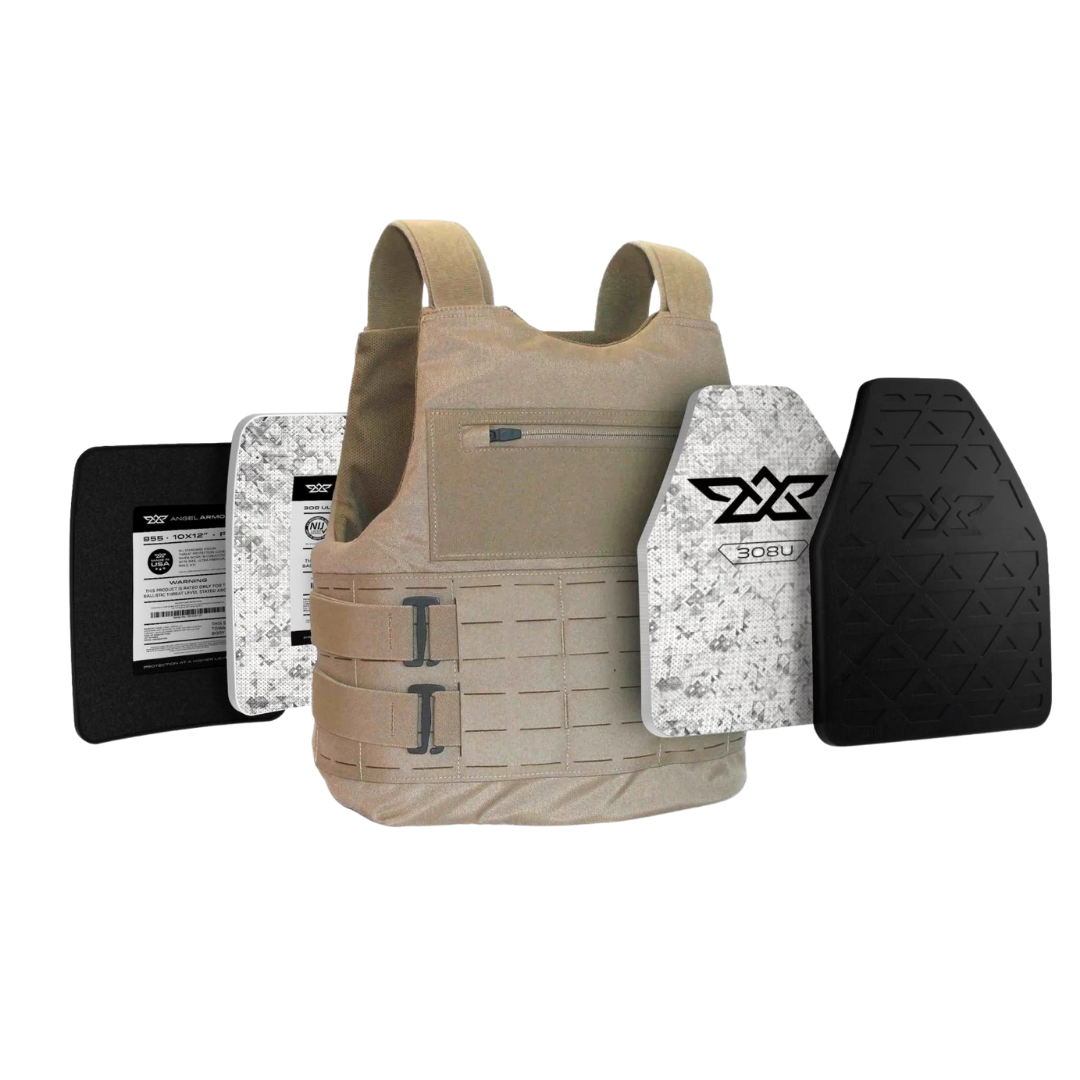 Tan tactical vest with black and white armor plates on a white background